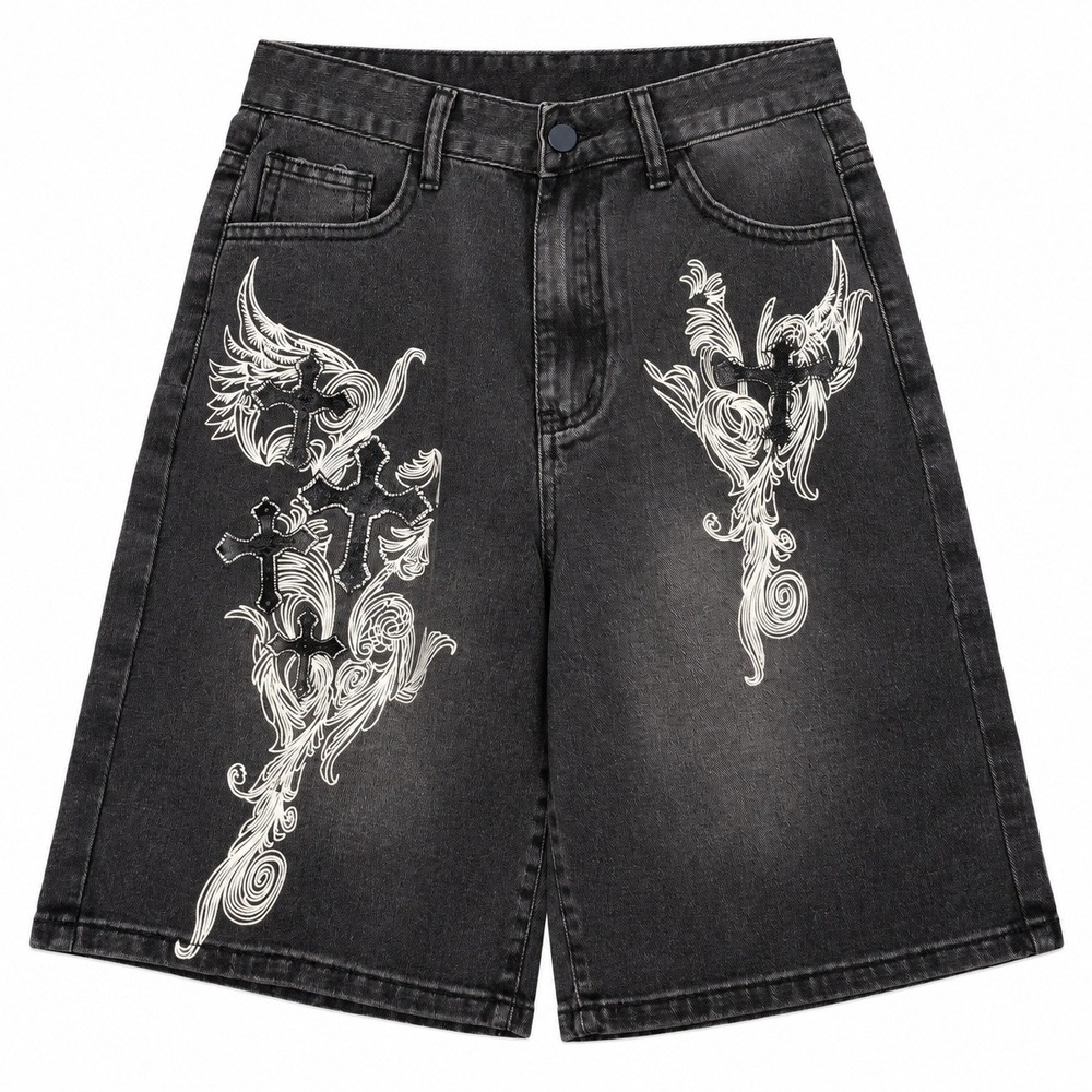 Unbranded Denim Shorts Mens Medium Black Excellent Graphic Cross Wings Jorts